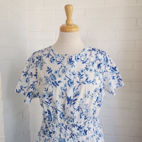 French Connection Blue White Floral Maxi Dress Tiered Long Cotton Pockets Sz L - Picture 3 of 9